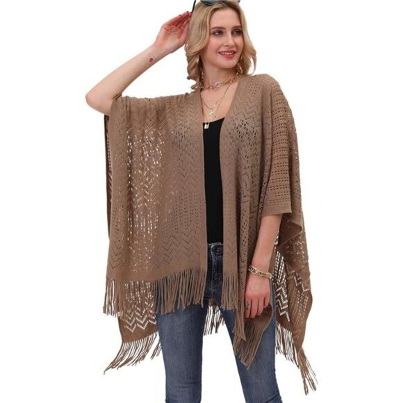 Knit Shawl Wrap - Fringe Poncho Cardigan Cape Brown - Picture 1 of 7